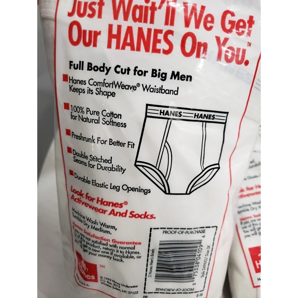 9 PAIR VTG 1990 Hanes Underwear Big Man Briefs Men 3XL 50-52 Deadstock White NOS